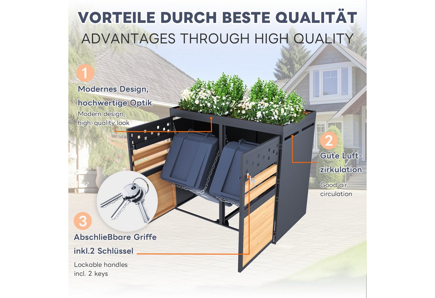 Merax Mülltonnenbox Abschließbar Müllcontainer mit Pflanzdach & Belüftungslöchern (2 St), Müllbox aus Edelstahl,Mülltonnenverkleidung für 4 Tonnen,120-240Leiter – Bild 4 von 5