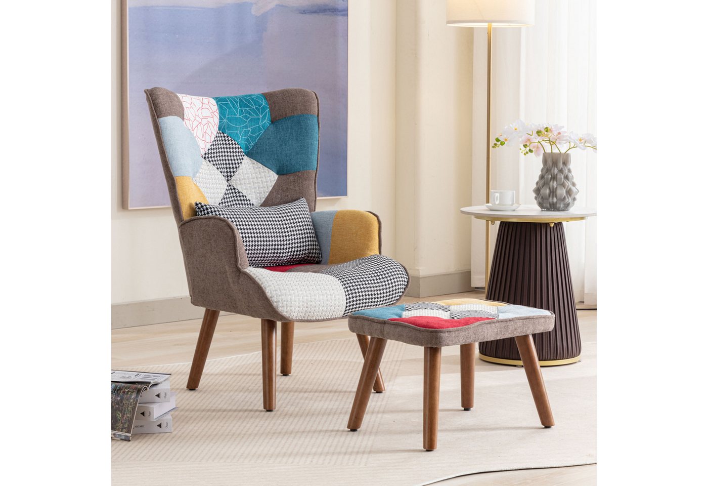 Merax Ohrensessel (1-St), mit Hocker Patchwork,Relaxsessel,Lehnstuhl,Fernsehsessel – Bild 2 von 5