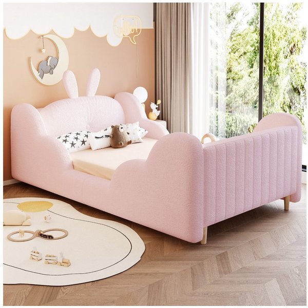 Merax Polsterbett (1-tlg., gepolstertes Plattformbett Bodenbett aus Teddysamt), Kinderbett 90x200 mit Lattenrost, Kaninchenkissen und Rausfallschutz