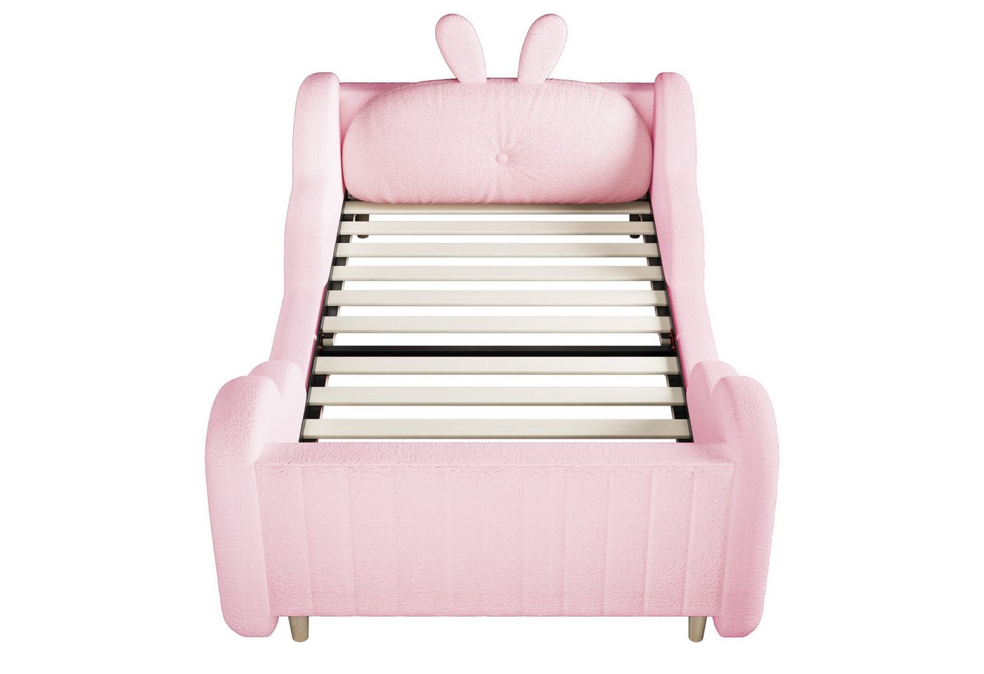 Merax Polsterbett (1-tlg., gepolstertes Plattformbett Bodenbett aus Teddysamt), Kinderbett 90x200 mit Lattenrost, Kaninchenkissen und Rausfallschutz – Bild 5 von 5