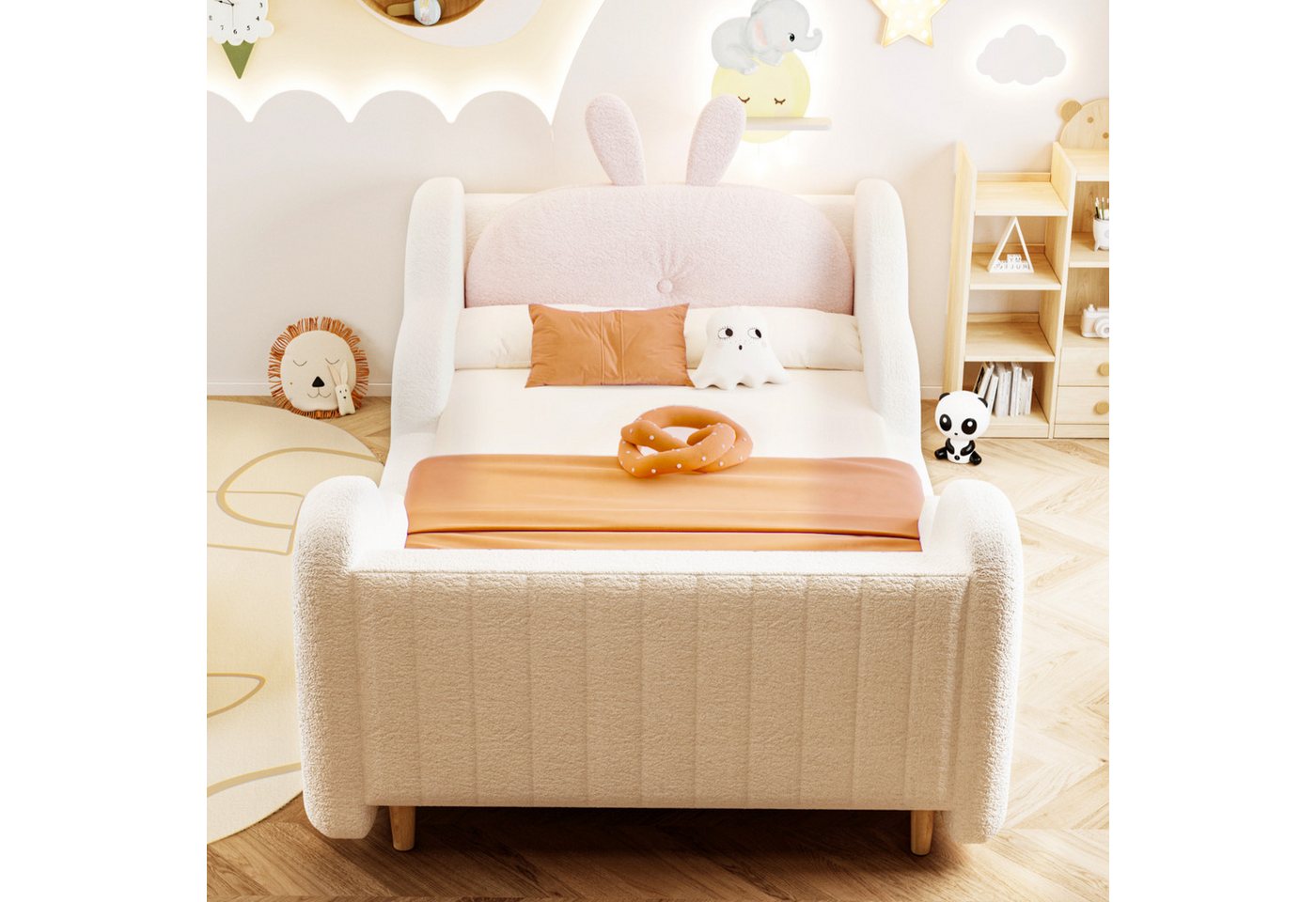 Merax Polsterbett (1-tlg., gepolstertes Plattformbett Bodenbett aus Teddysamt), Kinderbett 90x200 mit Lattenrost, Kaninchenkissen und Rausfallschutz – Bild 2 von 5