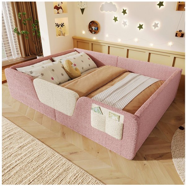Merax Polsterbett 140x190cm mit abnehmbarer Sicherheitsleiste (Jugendbett Babybett Einzelbett, 1-tlg), Bodenbett Kinderbett mit Aufbewahrungstasche & Lattenrost