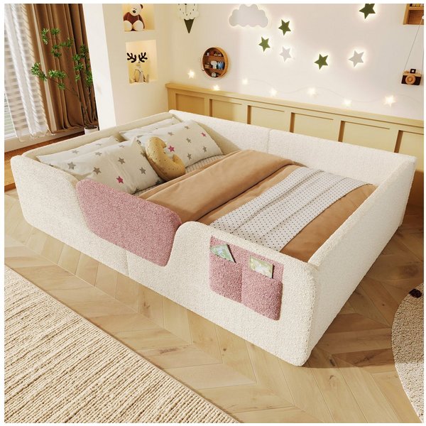 Merax Polsterbett 140x190cm mit abnehmbarer Sicherheitsleiste (Jugendbett Babybett Einzelbett, 1-tlg), Bodenbett Kinderbett mit Aufbewahrungstasche & Lattenrost