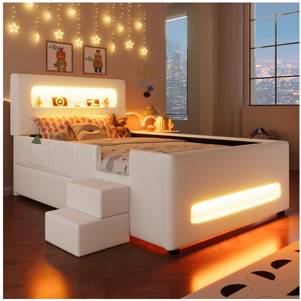 Merax Polsterbett 90x200cm Plattformbett mit LED-Lichtleisten (Jugendbett Einzelbett, 1-tlg), Kinderbett mit Treppe, Schublade, Stauraum & Taschen, Kunstleder