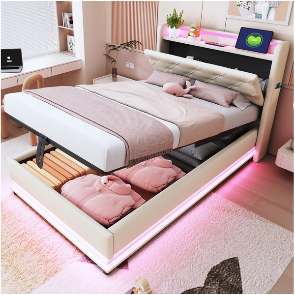 Merax Polsterbett mit LED-Beleuchtung, USB & Type-C Ladeanschlüssen (Leinenstoff, 1-tlg., Jugendbett Einzelbett Mehrzweckbett Stauraumbett mit Handytaschen), Ki