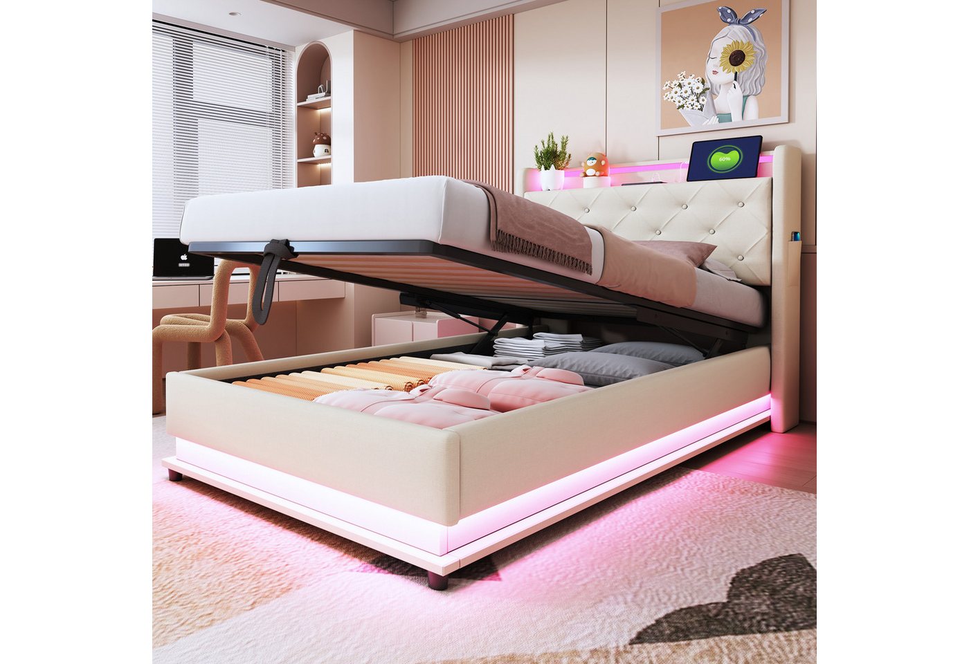 Merax Polsterbett mit LED-Beleuchtung, USB & Type-C Ladeanschlüssen (Leinenstoff, 1-tlg., Jugendbett Einzelbett Mehrzweckbett Stauraumbett mit Handytaschen), Ki – Bild 2 von 5