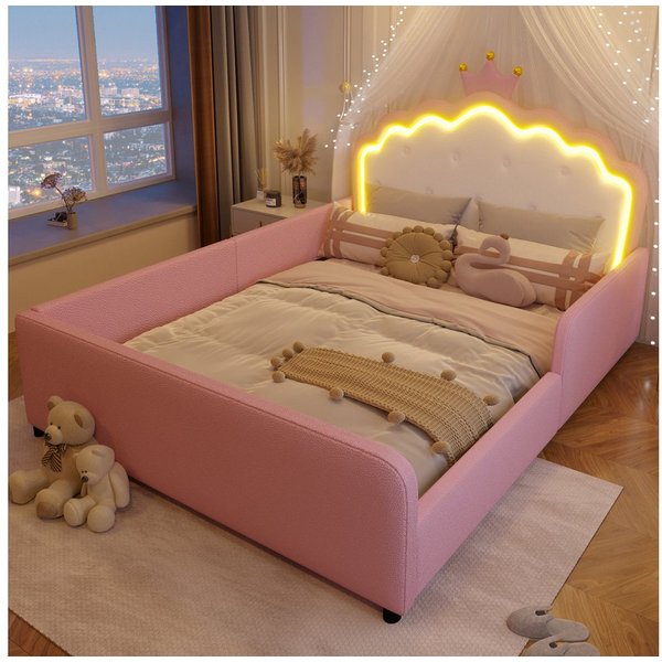 Merax Polsterbett mit LED-Beleuchtung, Prinzessinnenbett mit Kronen-Kopfteil (1-tlg), Kinderbett 140x190cm mit Sicherheitsgitter, Jugendbett aus Kunstleder
