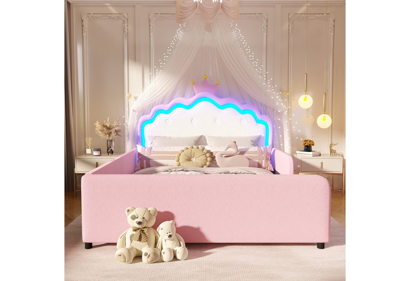 Merax Polsterbett mit LED-Beleuchtung, Prinzessinnenbett mit Kronen-Kopfteil (1-tlg), Kinderbett 140x190cm mit Sicherheitsgitter, Jugendbett aus Kunstleder – Bild 2 von 5