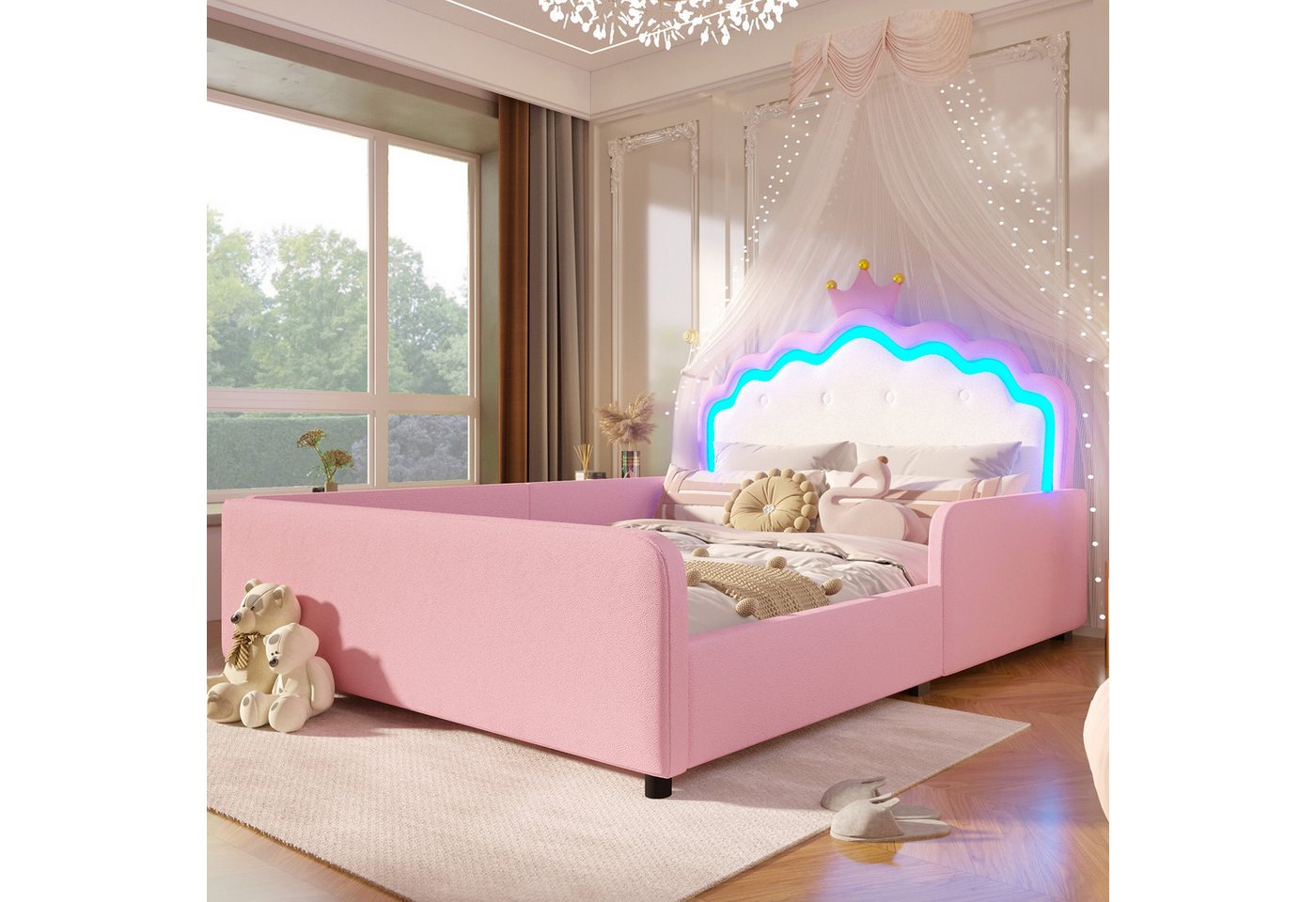 Merax Polsterbett mit LED-Beleuchtung, Prinzessinnenbett mit Kronen-Kopfteil (1-tlg), Kinderbett 140x190cm mit Sicherheitsgitter, Jugendbett aus Kunstleder – Bild 3 von 5