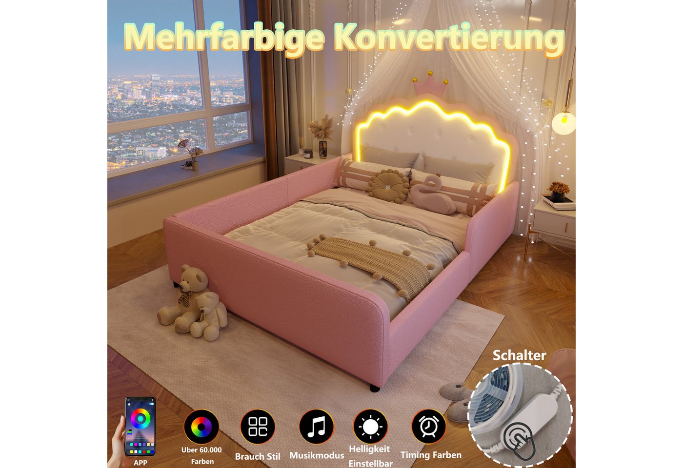 Merax Polsterbett mit LED-Beleuchtung, Prinzessinnenbett mit Kronen-Kopfteil (1-tlg), Kinderbett 140x190cm mit Sicherheitsgitter, Jugendbett aus Kunstleder – Bild 4 von 5