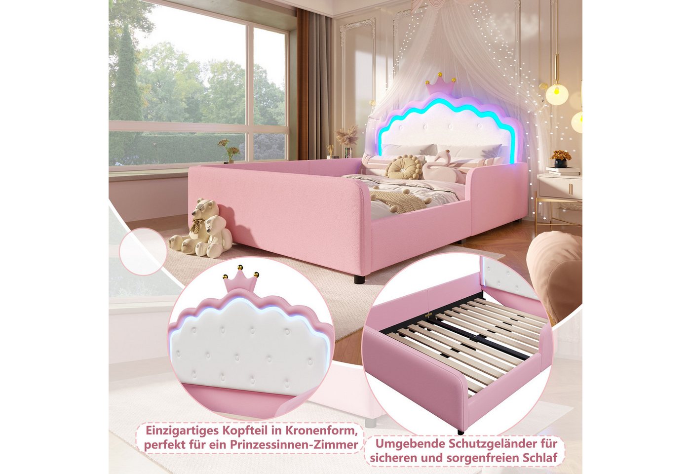 Merax Polsterbett mit LED-Beleuchtung, Prinzessinnenbett mit Kronen-Kopfteil (1-tlg), Kinderbett 140x190cm mit Sicherheitsgitter, Jugendbett aus Kunstleder – Bild 5 von 5