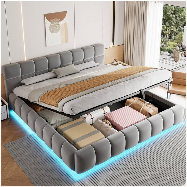 Merax Polsterbett mit LED-Licht & hydraulischem Stauraum (1-tlg), Doppelbett 180×200cm mit voluminösem Kopfteil, Mehrzweckbett, Samt