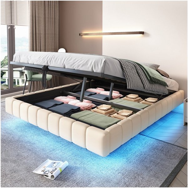 Merax Polsterbett schwebendes Design mit LED-Lichtleiste (1-tlg., Hydraulisches Stauraumbett Mehrzweckbett), Doppelbett 160x200cm mit hydraulischem Stauraum, oh