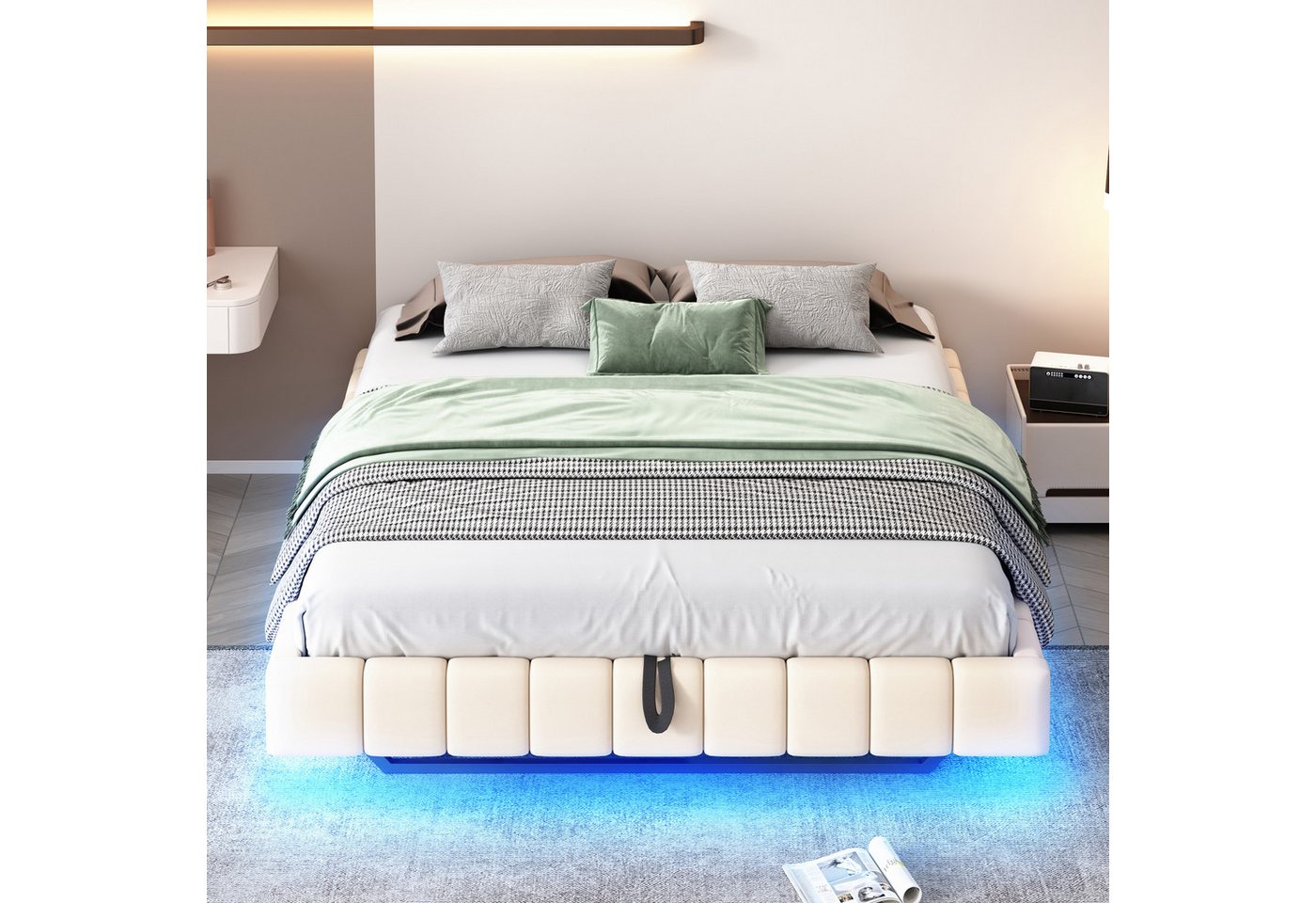 Merax Polsterbett schwebendes Design mit LED-Lichtleiste (1-tlg., Hydraulisches Stauraumbett Mehrzweckbett), Doppelbett 160x200cm mit hydraulischem Stauraum, oh – Bild 2 von 5