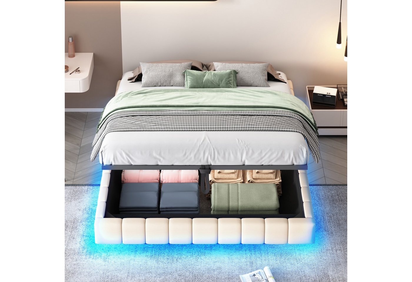 Merax Polsterbett schwebendes Design mit LED-Lichtleiste (1-tlg., Hydraulisches Stauraumbett Mehrzweckbett), Doppelbett 160x200cm mit hydraulischem Stauraum, oh – Bild 3 von 5