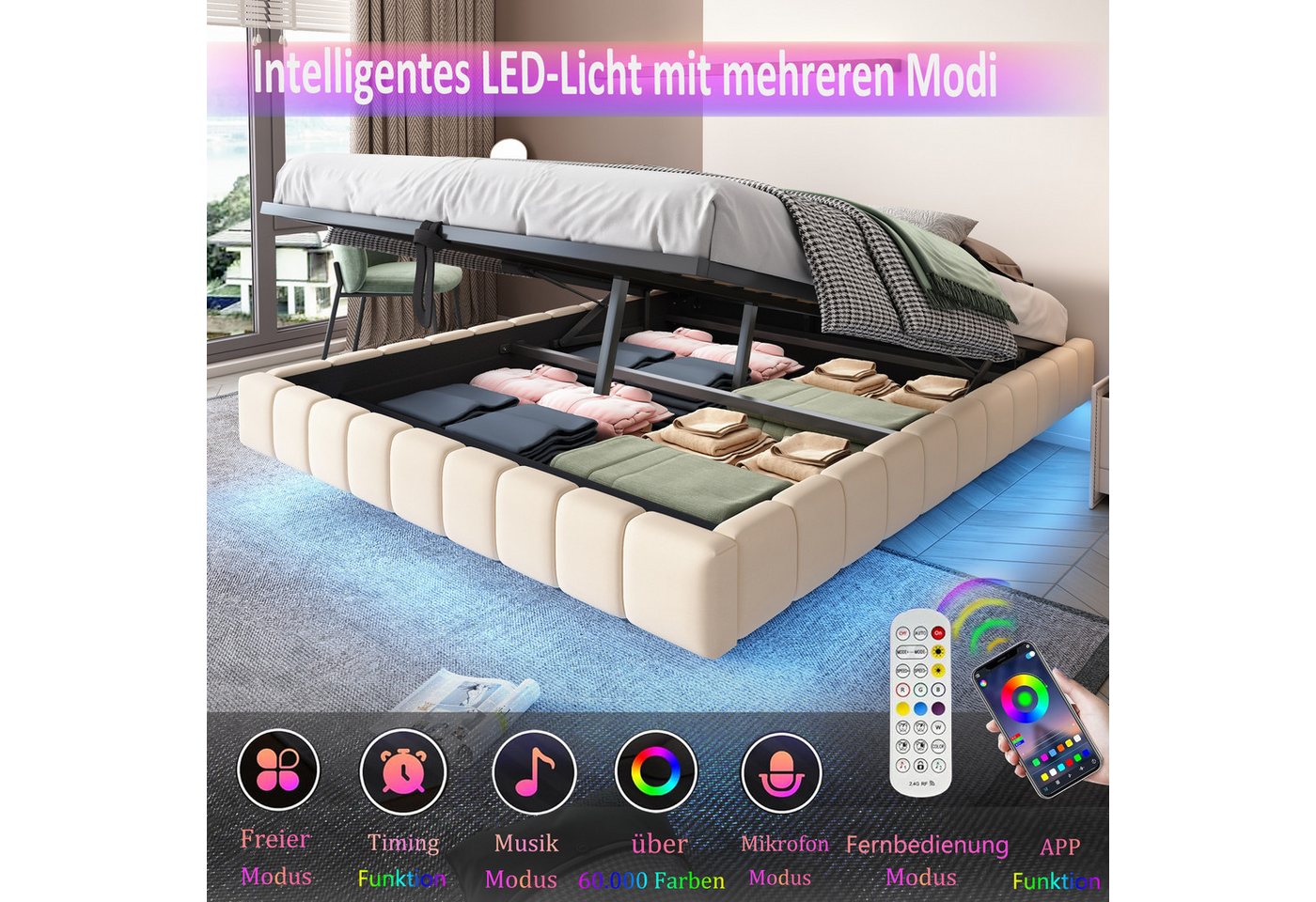 Merax Polsterbett schwebendes Design mit LED-Lichtleiste (1-tlg., Hydraulisches Stauraumbett Mehrzweckbett), Doppelbett 160x200cm mit hydraulischem Stauraum, oh – Bild 4 von 5