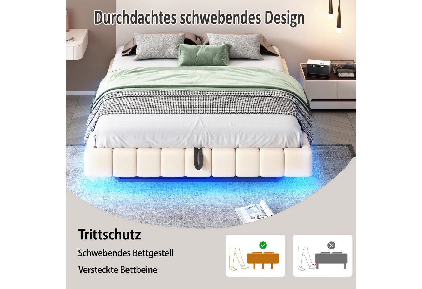 Merax Polsterbett schwebendes Design mit LED-Lichtleiste (1-tlg., Hydraulisches Stauraumbett Mehrzweckbett), Doppelbett 160x200cm mit hydraulischem Stauraum, oh – Bild 5 von 5