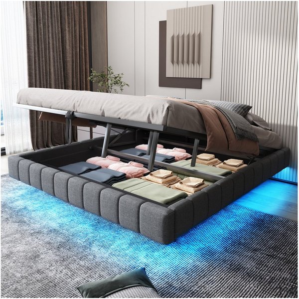 Merax Polsterbett schwebendes Design mit LED-Lichtleiste (1-tlg., Hydraulisches Stauraumbett Mehrzweckbett), Doppelbett 180x200cm mit hydraulischem Stauraum, oh