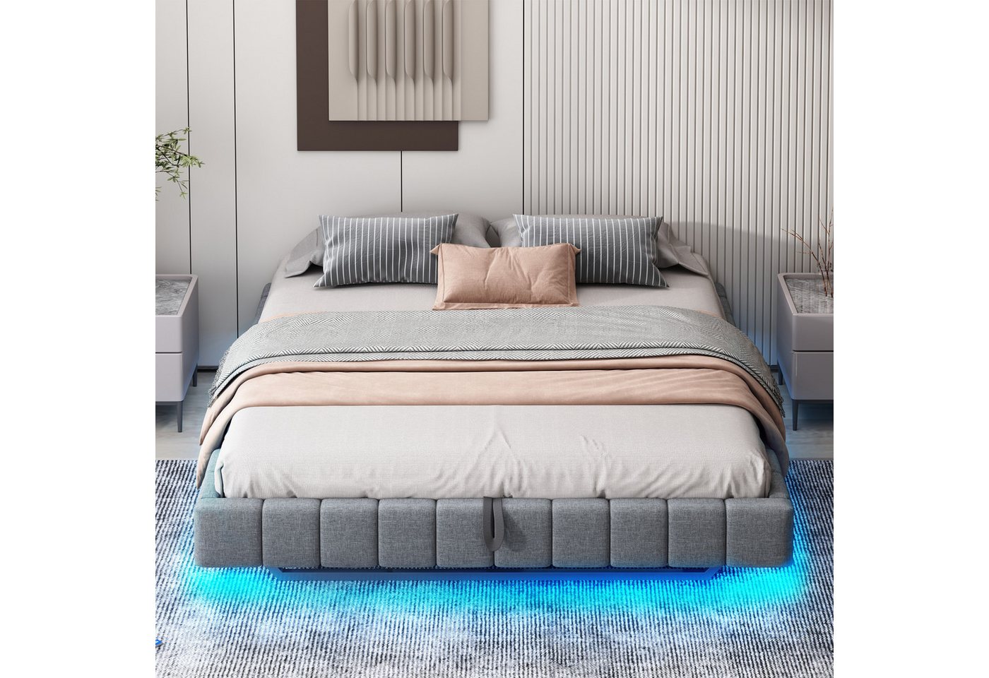 Merax Polsterbett schwebendes Design mit LED-Lichtleiste (1-tlg., Hydraulisches Stauraumbett Mehrzweckbett), Doppelbett 180x200cm mit hydraulischem Stauraum, oh – Bild 2 von 5