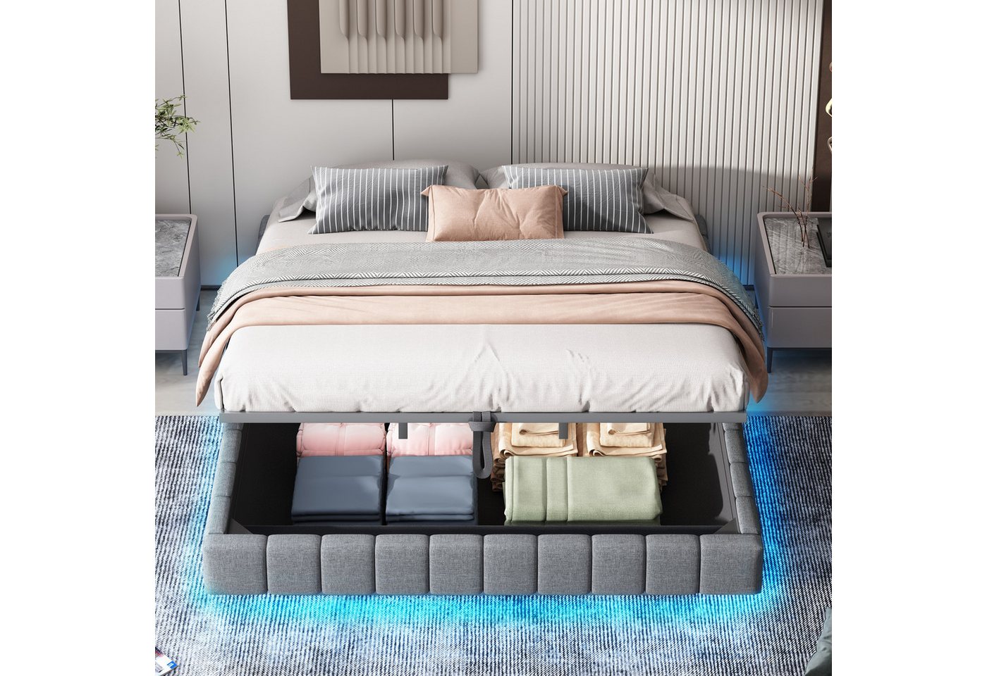 Merax Polsterbett schwebendes Design mit LED-Lichtleiste (1-tlg., Hydraulisches Stauraumbett Mehrzweckbett), Doppelbett 180x200cm mit hydraulischem Stauraum, oh – Bild 3 von 5