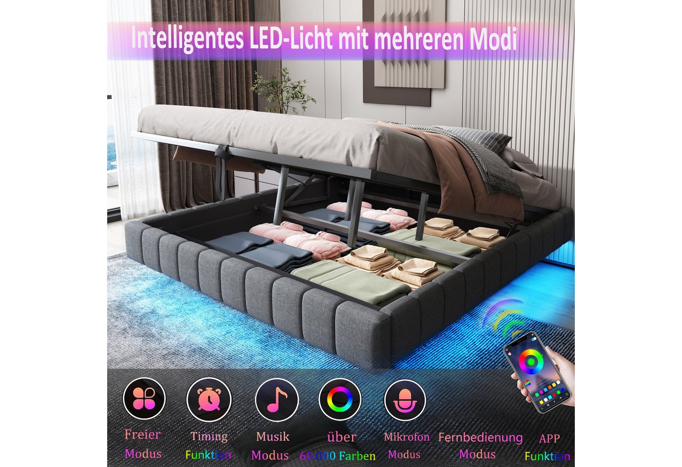 Merax Polsterbett schwebendes Design mit LED-Lichtleiste (1-tlg., Hydraulisches Stauraumbett Mehrzweckbett), Doppelbett 180x200cm mit hydraulischem Stauraum, oh – Bild 4 von 5