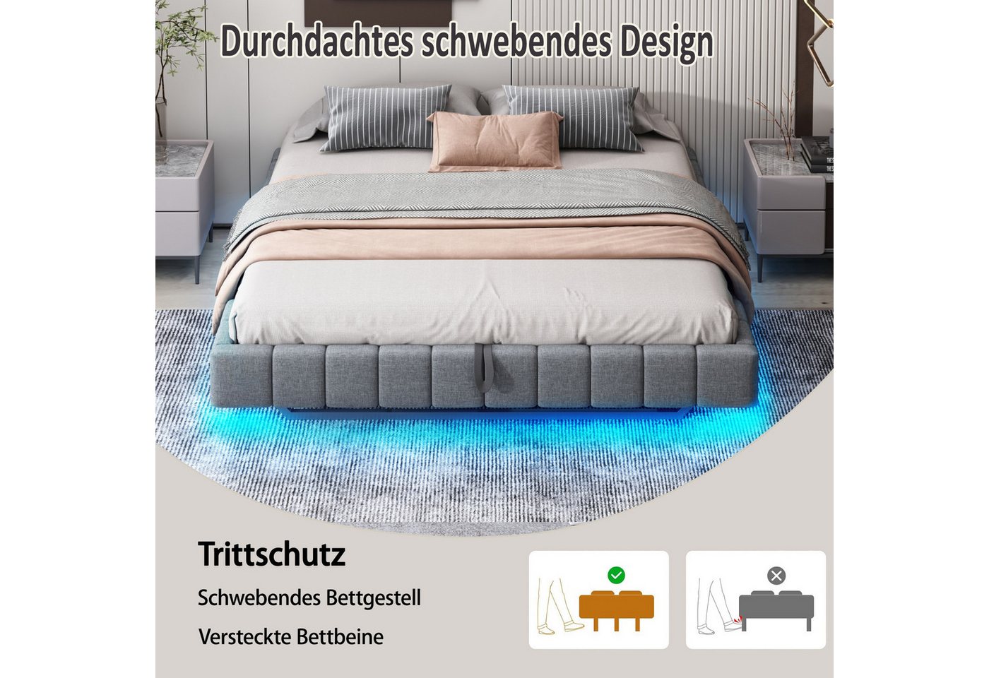 Merax Polsterbett schwebendes Design mit LED-Lichtleiste (1-tlg., Hydraulisches Stauraumbett Mehrzweckbett), Doppelbett 180x200cm mit hydraulischem Stauraum, oh – Bild 5 von 5