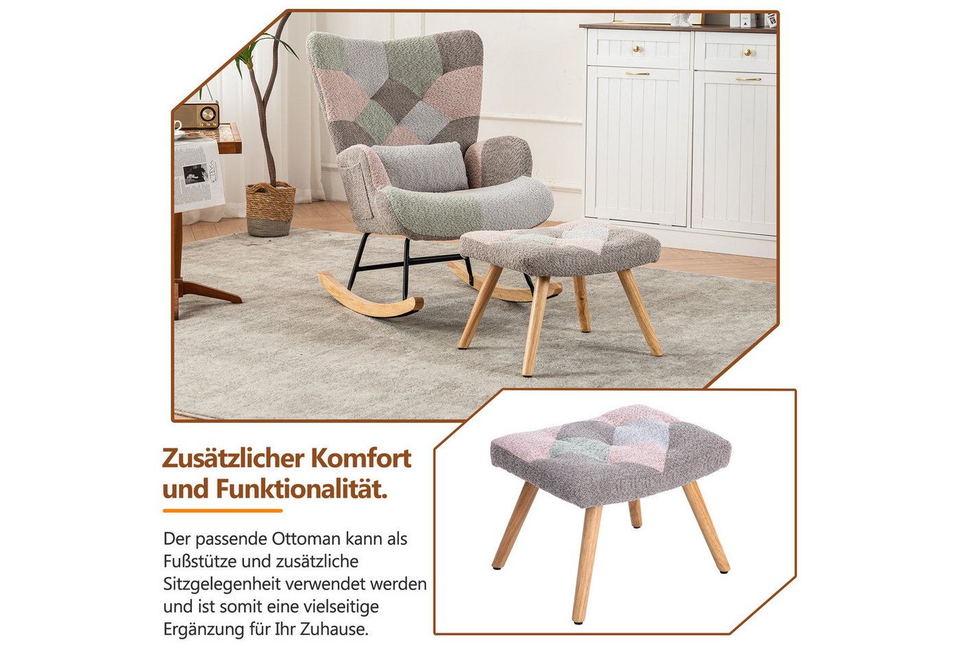 Merax Schaukelstuhl mit Teddyplüsch, Swingsessel mit Holzsockel, Schaukelsessel mit Hocker,Lendenkissen,Bunt – Bild 3 von 5