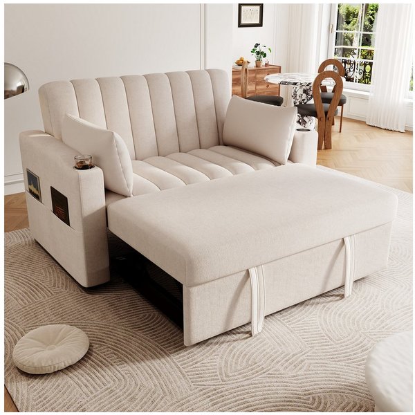 Merax Schlafsofa 2-Sitzer Sofa mit Schlaffunktion, 1 Teile, Doppelsofa mit verstellbarer Rückenlehne, Getränkehalter und Kissen