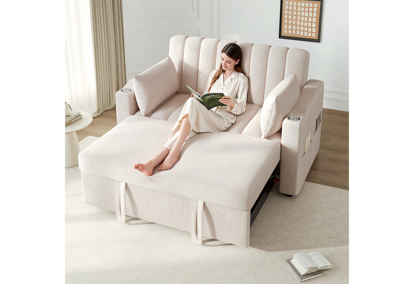 Merax Schlafsofa 2-Sitzer Sofa mit Schlaffunktion, 1 Teile, Doppelsofa mit verstellbarer Rückenlehne, Getränkehalter und Kissen – Bild 2 von 5