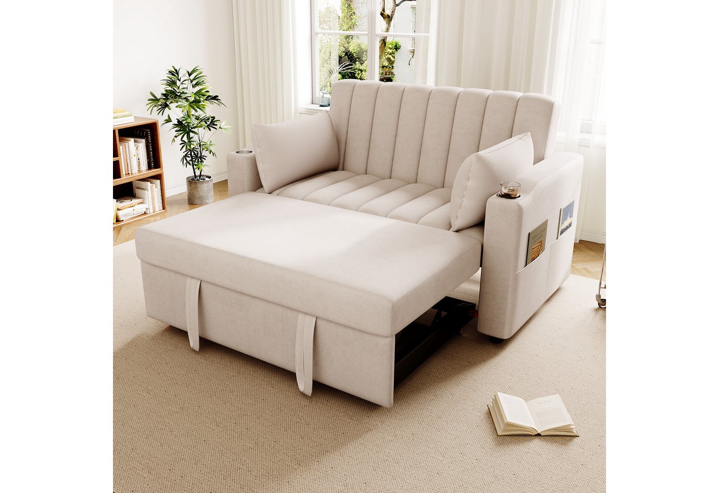Merax Schlafsofa 2-Sitzer Sofa mit Schlaffunktion, 1 Teile, Doppelsofa mit verstellbarer Rückenlehne, Getränkehalter und Kissen – Bild 3 von 5