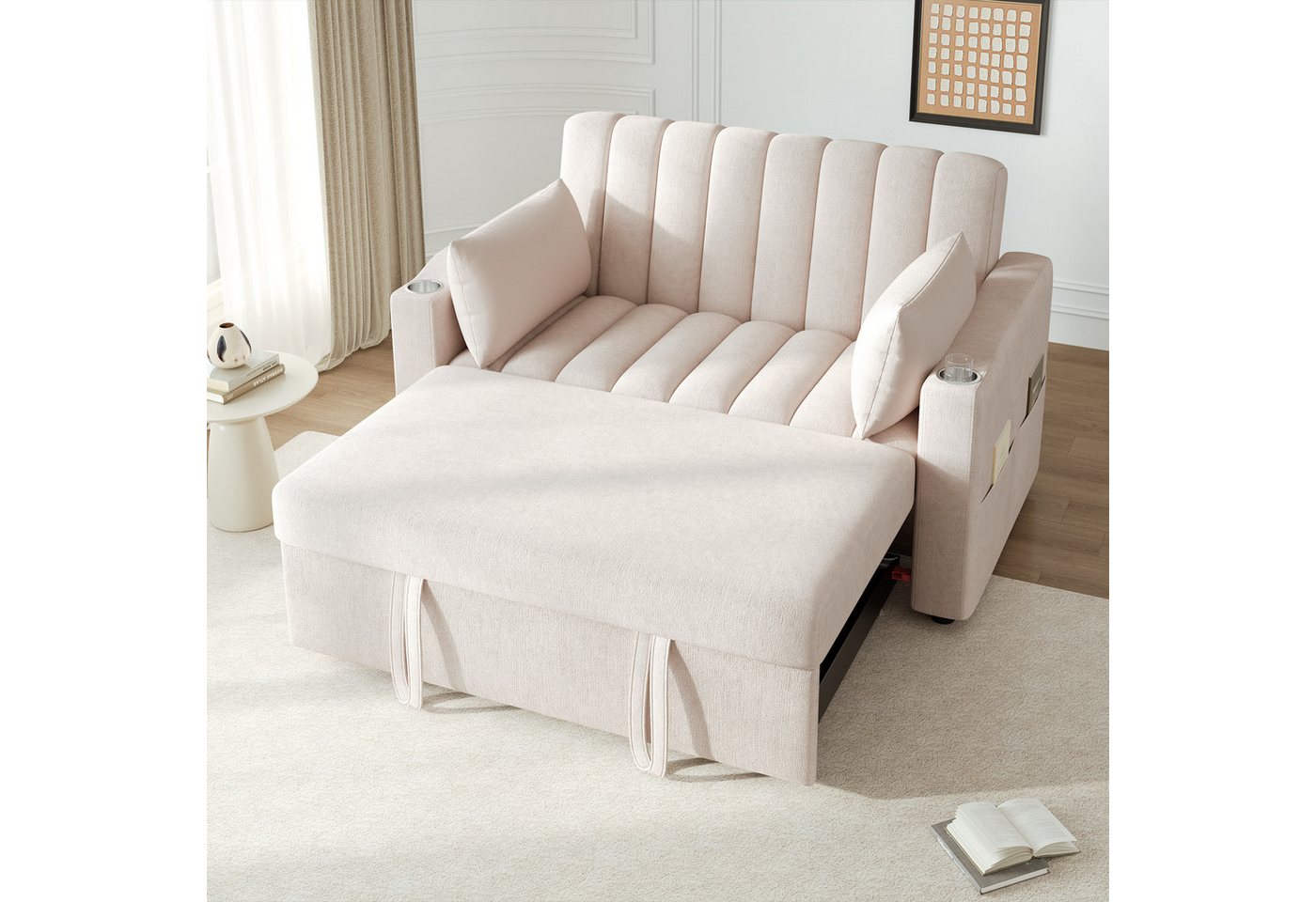 Merax Schlafsofa 2-Sitzer Sofa mit Schlaffunktion, 1 Teile, Doppelsofa mit verstellbarer Rückenlehne, Getränkehalter und Kissen – Bild 4 von 5