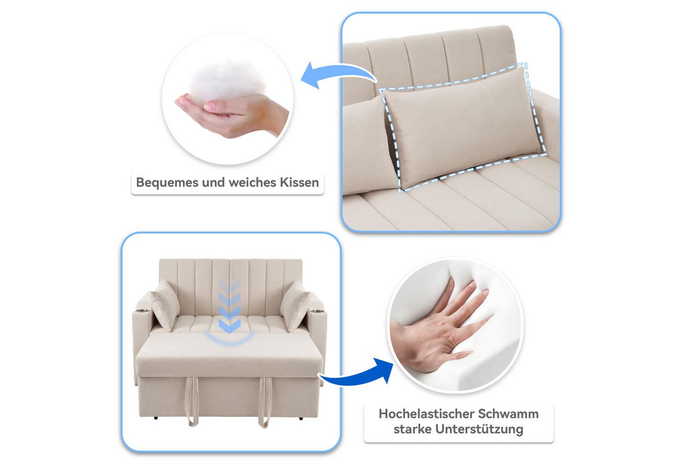 Merax Schlafsofa 2-Sitzer Sofa mit Schlaffunktion, 1 Teile, Doppelsofa mit verstellbarer Rückenlehne, Getränkehalter und Kissen – Bild 5 von 5