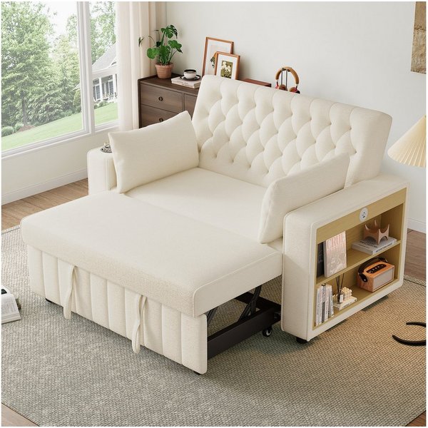 Merax Schlafsofa 3-in-1 Ausziehsofa, Sofa Klappsofa mit Schlaffunktion & USB-Anschluss für Wohnzimmer, mit verstellbarer Rückenlehne,USB-Ladeanschluss, Getränke