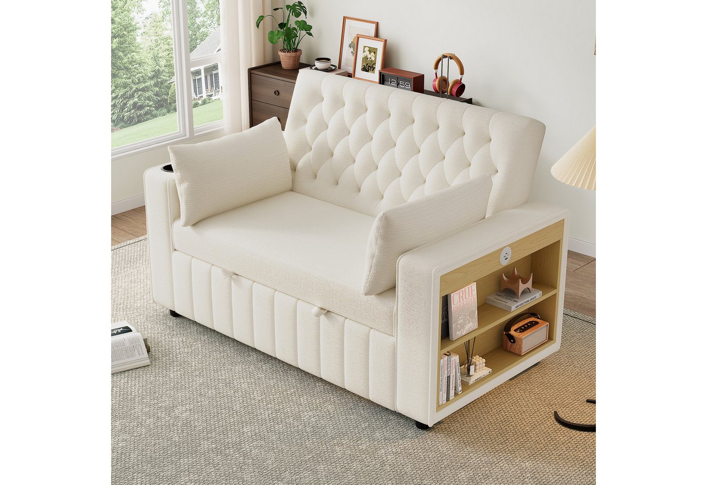 Merax Schlafsofa 3-in-1 Ausziehsofa, Sofa Klappsofa mit Schlaffunktion & USB-Anschluss für Wohnzimmer, mit verstellbarer Rückenlehne,USB-Ladeanschluss, Getränke – Bild 2 von 5