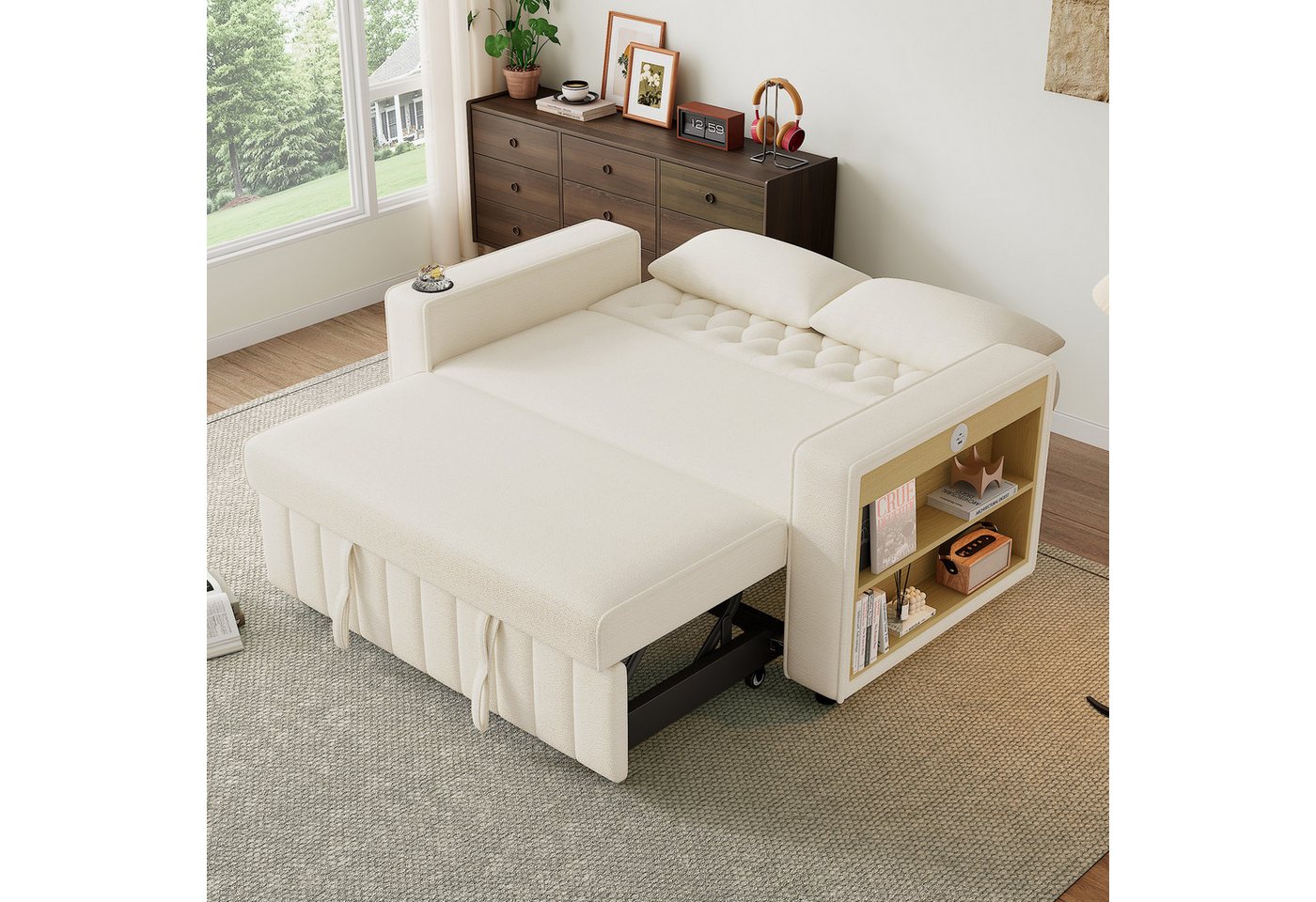 Merax Schlafsofa 3-in-1 Ausziehsofa, Sofa Klappsofa mit Schlaffunktion & USB-Anschluss für Wohnzimmer, mit verstellbarer Rückenlehne,USB-Ladeanschluss, Getränke – Bild 3 von 5
