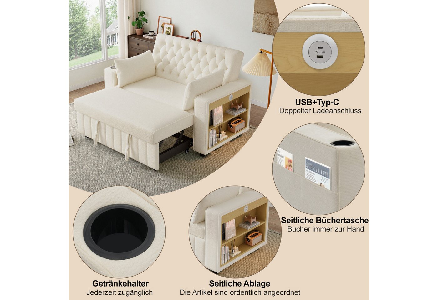 Merax Schlafsofa 3-in-1 Ausziehsofa, Sofa Klappsofa mit Schlaffunktion & USB-Anschluss für Wohnzimmer, mit verstellbarer Rückenlehne,USB-Ladeanschluss, Getränke – Bild 4 von 5