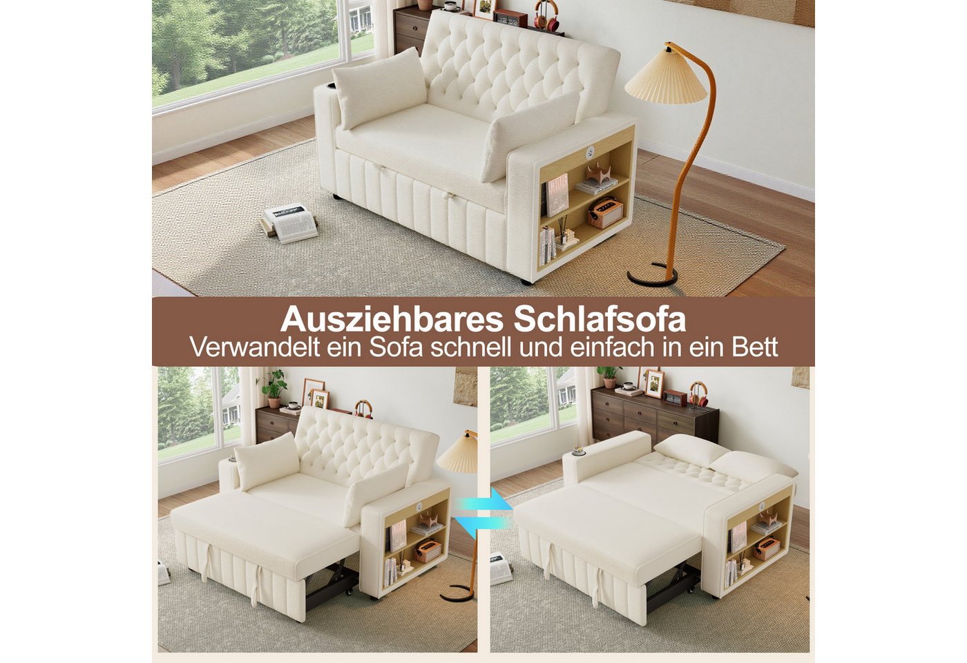 Merax Schlafsofa 3-in-1 Ausziehsofa, Sofa Klappsofa mit Schlaffunktion & USB-Anschluss für Wohnzimmer, mit verstellbarer Rückenlehne,USB-Ladeanschluss, Getränke – Bild 5 von 5