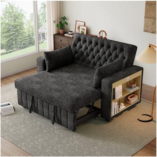 Merax Schlafsofa 3-in-1 Ausziehsofa, Sofa Klappsofa mit Schlaffunktion & USB-Anschluss für Wohnzimmer, mit verstellbarer Rückenlehne,USB-Ladeanschluss, Getränke