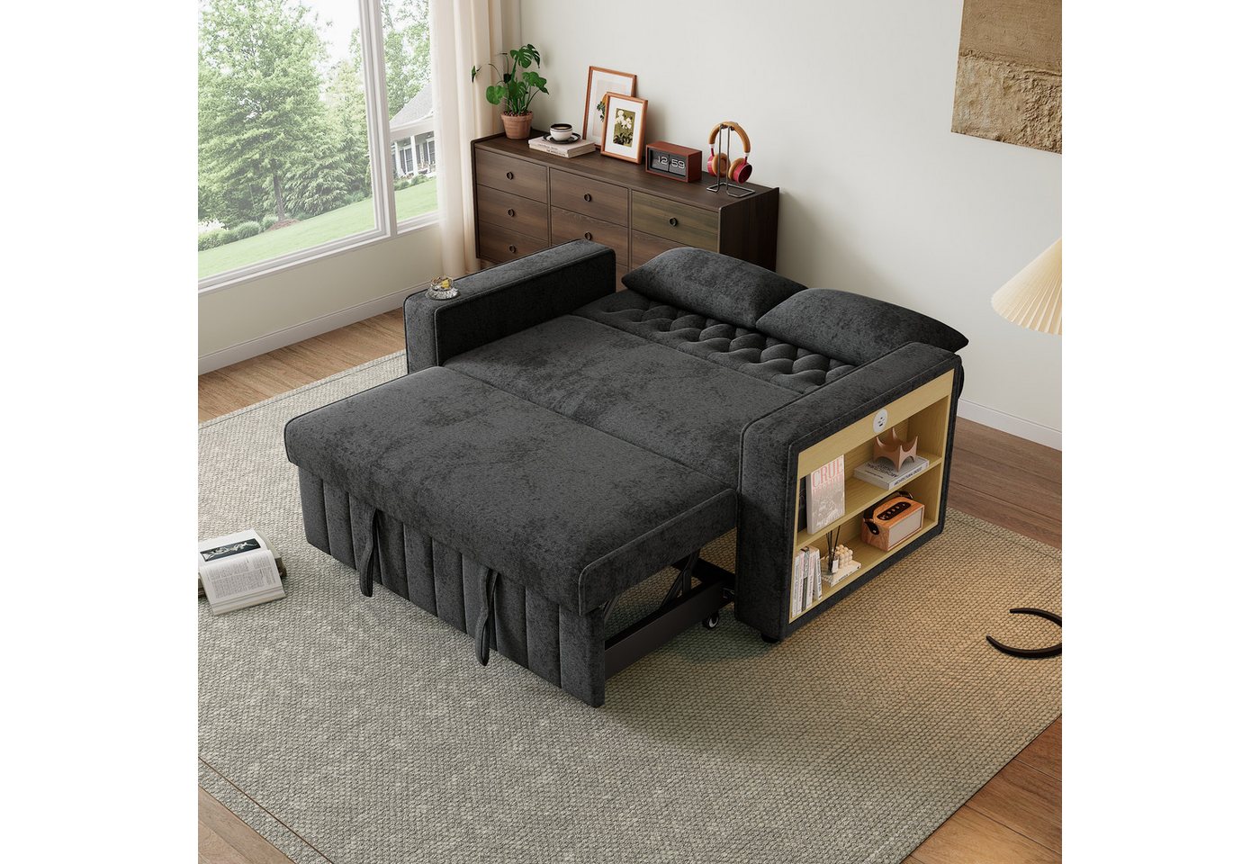 Merax Schlafsofa 3-in-1 Ausziehsofa, Sofa Klappsofa mit Schlaffunktion & USB-Anschluss für Wohnzimmer, mit verstellbarer Rückenlehne,USB-Ladeanschluss, Getränke – Bild 2 von 5