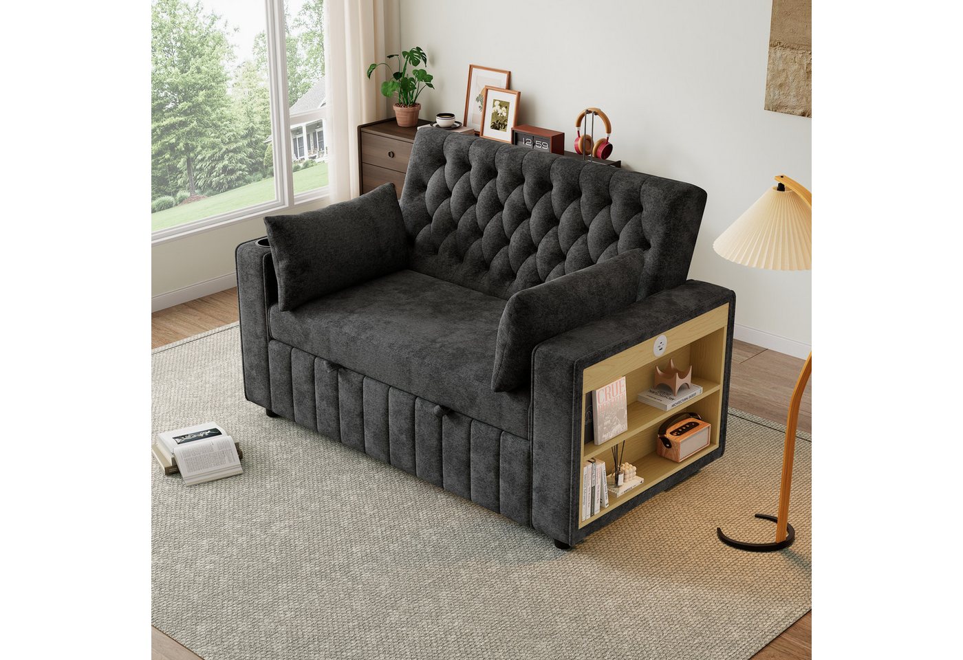 Merax Schlafsofa 3-in-1 Ausziehsofa, Sofa Klappsofa mit Schlaffunktion & USB-Anschluss für Wohnzimmer, mit verstellbarer Rückenlehne,USB-Ladeanschluss, Getränke – Bild 3 von 5