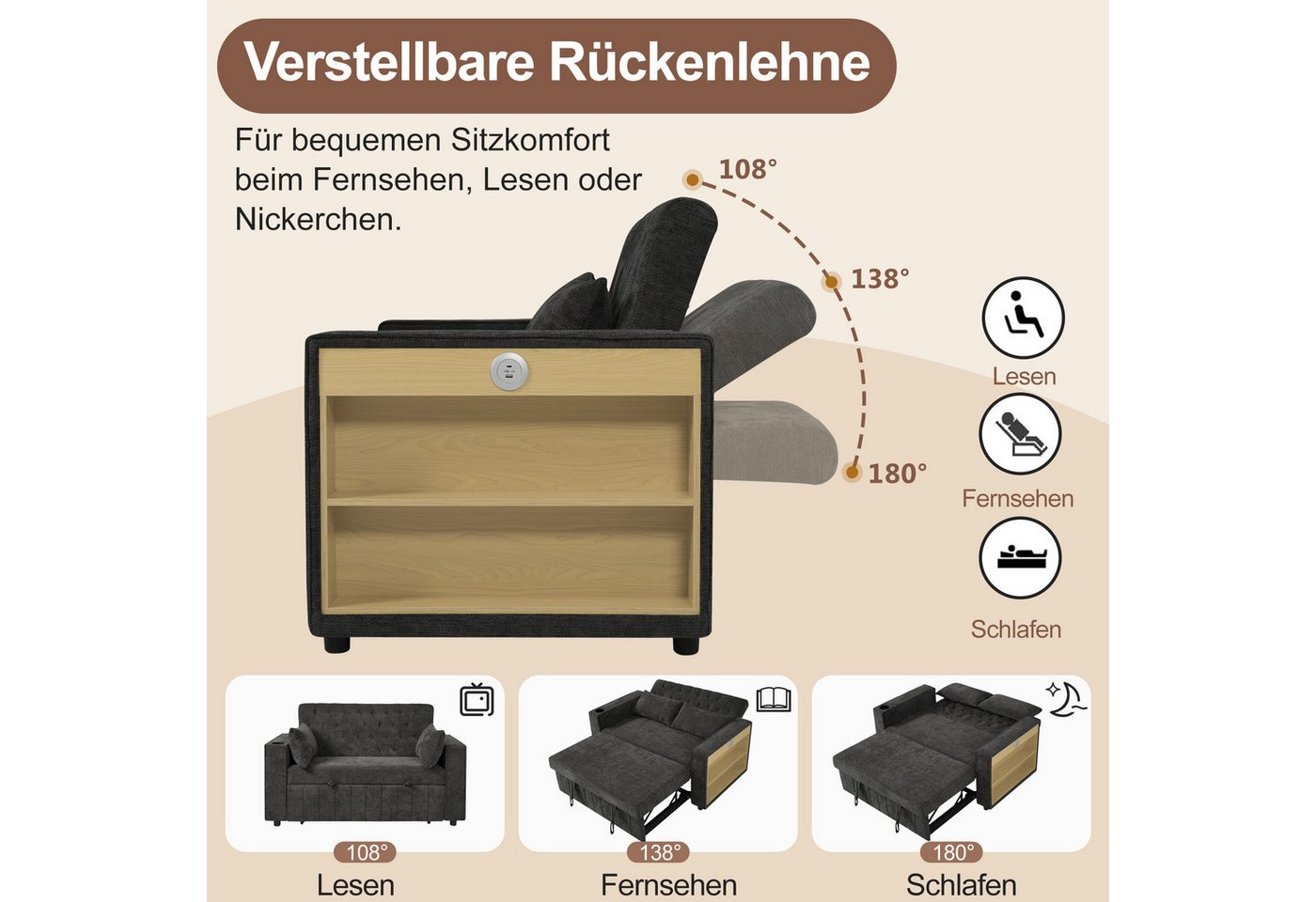 Merax Schlafsofa 3-in-1 Ausziehsofa, Sofa Klappsofa mit Schlaffunktion & USB-Anschluss für Wohnzimmer, mit verstellbarer Rückenlehne,USB-Ladeanschluss, Getränke – Bild 4 von 5