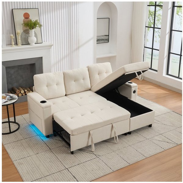 Merax Schlafsofa L-förmiges Ecksofa mit LED-Ambiente & USB/Typ-C, 208×146×89,5 cm 1 Teile, 3-in-1 Klappsofa mit verstecktem Stauraum,Getränkehalter,Seitentasche