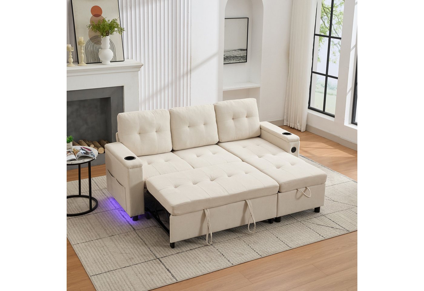 Merax Schlafsofa L-förmiges Ecksofa mit LED-Ambiente & USB/Typ-C, 208×146×89,5 cm 1 Teile, 3-in-1 Klappsofa mit verstecktem Stauraum,Getränkehalter,Seitentasche – Bild 2 von 5