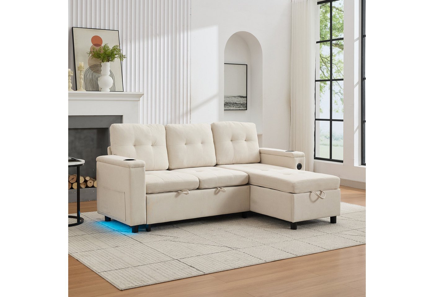 Merax Schlafsofa L-förmiges Ecksofa mit LED-Ambiente & USB/Typ-C, 208×146×89,5 cm 1 Teile, 3-in-1 Klappsofa mit verstecktem Stauraum,Getränkehalter,Seitentasche – Bild 3 von 5