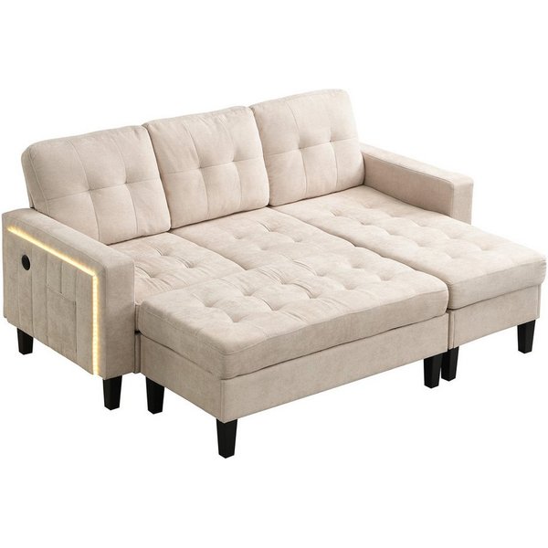 Merax Schlafsofa L-Form Sofa mit LED-Beleuchtung, 185x135x85cm, Flexibles Design,Chenille-Stoff 1 Teile, 3-Sitzer Chaiselongen mit XXL Fußbank, Modulares Sofabe