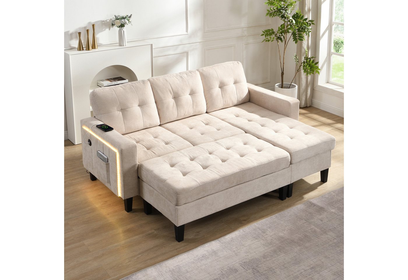 Merax Schlafsofa L-Form Sofa mit LED-Beleuchtung, 185x135x85cm, Flexibles Design,Chenille-Stoff 1 Teile, 3-Sitzer Chaiselongen mit XXL Fußbank, Modulares Sofabe – Bild 2 von 5