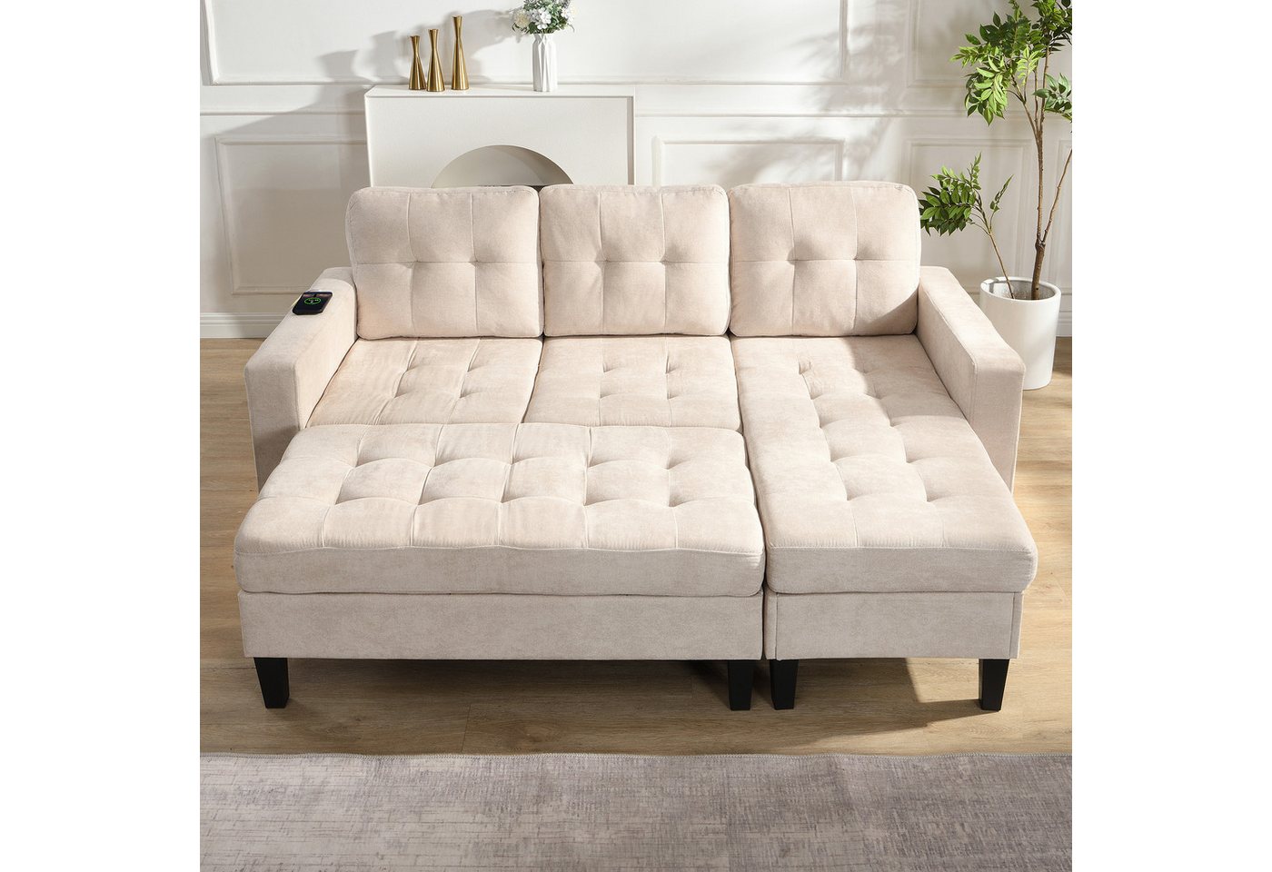 Merax Schlafsofa L-Form Sofa mit LED-Beleuchtung, 185x135x85cm, Flexibles Design,Chenille-Stoff 1 Teile, 3-Sitzer Chaiselongen mit XXL Fußbank, Modulares Sofabe – Bild 3 von 5