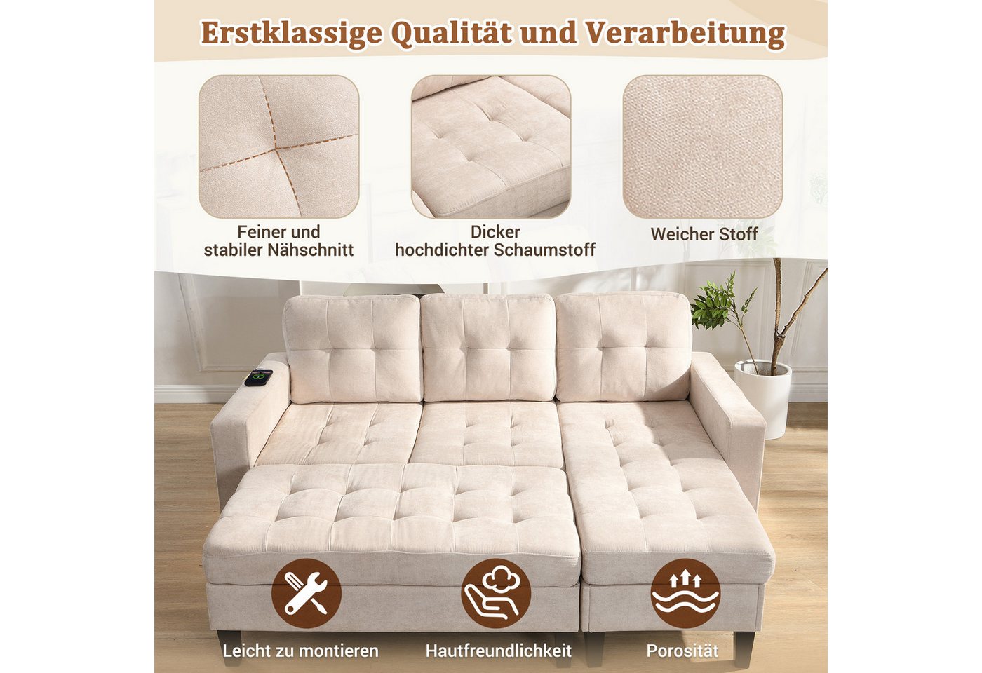 Merax Schlafsofa L-Form Sofa mit LED-Beleuchtung, 185x135x85cm, Flexibles Design,Chenille-Stoff 1 Teile, 3-Sitzer Chaiselongen mit XXL Fußbank, Modulares Sofabe – Bild 4 von 5