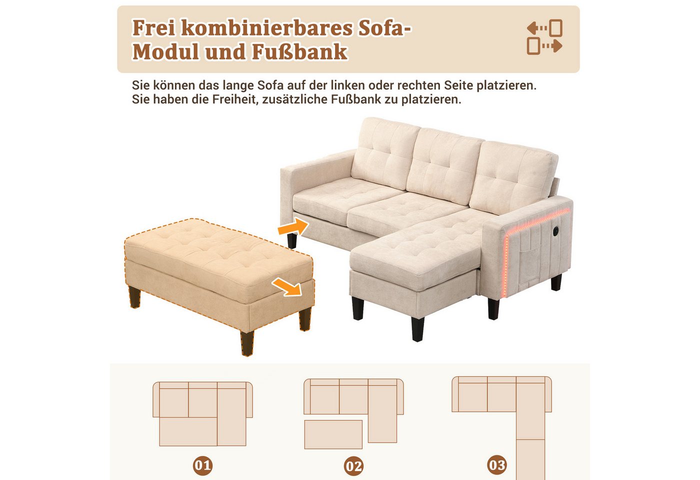 Merax Schlafsofa L-Form Sofa mit LED-Beleuchtung, 185x135x85cm, Flexibles Design,Chenille-Stoff 1 Teile, 3-Sitzer Chaiselongen mit XXL Fußbank, Modulares Sofabe – Bild 5 von 5