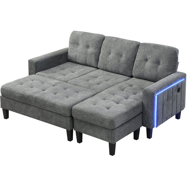 Merax Schlafsofa L-Form Sofa mit LED-Beleuchtung, 185x135x85cm, Flexibles Design,Chenille-Stoff 1 Teile, 3-Sitzer Chaiselongen mit XXL Fußbank, Modulares Sofabe